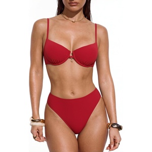image:imageSUUKSESS Women High Waisted Underwire Bikini Set Cheeky High Cut 2 Piece Swimsuit216 Red