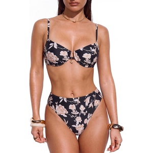 image:imageSUUKSESS Women High Waisted Underwire Bikini Set Cheeky High Cut 2 Piece Swimsuit216 Vintage Floral Black