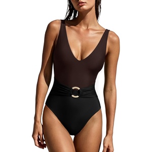 image:imageSUUKSESS Women Retro One Piece Swimsuit Metal Tummy Control V Neck Bathing Suit167 Brown Black