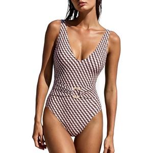 image:imageSUUKSESS Women Retro One Piece Swimsuit Metal Tummy Control V Neck Bathing Suit167 Brown Black Color Block