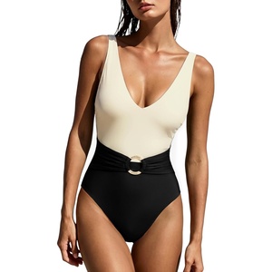 image:imageSUUKSESS Women Retro One Piece Swimsuit Metal Tummy Control V Neck Bathing Suit167 White Black