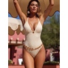image:imageSUUKSESS Women Sexy One Piece Swimsuit Tummy Control Deep V Neck Bathing SuitBeige White