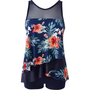 image:imageSUUKSESS Women Ruffle Mesh Tankini Swimsuit Tummy Control Bathing Suit with ShortsTropical Floral Navy Blue