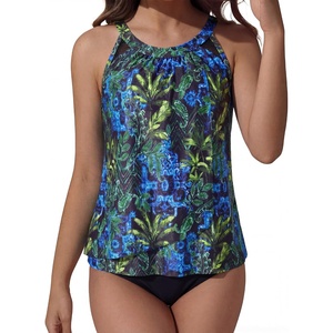 image:imageSUUKSESS Women Tummy Control Tankini Bathing Suit Ruffle High Waisted Swimsuit60 Blue Green Leaf