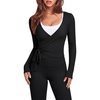 image:imageSUUKSESS Women 2 Piece Tie Front Wrap Outfits Cover Up Tops Soft leggings With PocketsBlack