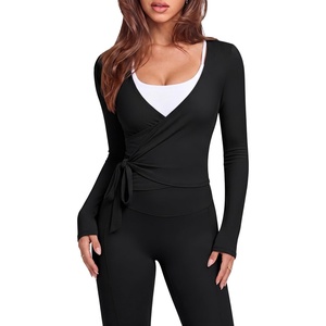 image:imageSUUKSESS Women 2 Piece Tie Front Wrap Outfits Cover Up Tops Soft leggings With PocketsBlack