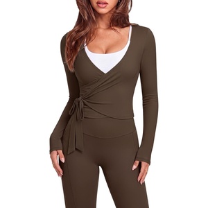 image:imageSUUKSESS Women 2 Piece Tie Front Wrap Outfits Cover Up Tops Soft leggings With PocketsBrown