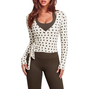 image:imageSUUKSESS Women 2 Piece Tie Front Wrap Outfits Cover Up Tops Soft leggings With PocketsBrown Polka Dots