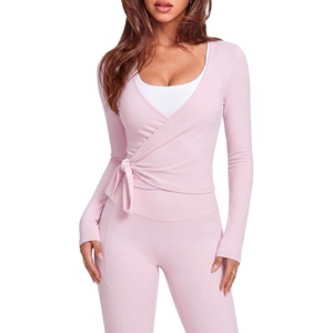 image:imageSUUKSESS Women 2 Piece Tie Front Wrap Outfits Cover Up Tops Soft leggings With PocketsLight Pink