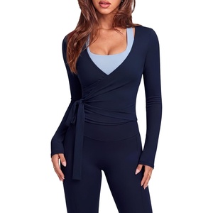 image:imageSUUKSESS Women 2 Piece Tie Front Wrap Outfits Cover Up Tops Soft leggings With PocketsNavy Blue