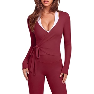 image:imageSUUKSESS Women 2 Piece Tie Front Wrap Outfits Cover Up Tops Soft leggings With PocketsWine