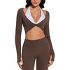 image:imageSUUKSESS Women 2 Piece Workout Sets for Pilates Long Sleeve Top LeggingsBrown