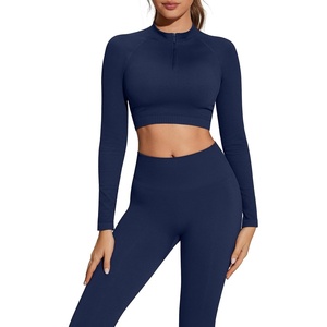 image:imageSUUKSESS Women 2 Piece Workout Sets HalfZip Athletic Top Seamless Leggings  Athletic Long Sleeve Crop TopHidden Scrunch Hip Lifting LeggingsYoga Gym Matching SetsSoft Stretch fabricNavy Blue