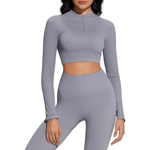 image:imageSUUKSESS Women 2 Piece Workout Sets HalfZip Athletic Top Seamless Leggings  Athletic Long Sleeve Crop TopHidden Scrunch Hip Lifting LeggingsYoga Gym Matching SetsSoft Stretch fabricWashed Blue