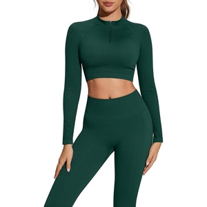 image:imageSUUKSESS Women 2 Piece Workout Sets HalfZip Athletic Top Seamless Leggings  Athletic Long Sleeve Crop TopHidden Scrunch Hip Lifting LeggingsYoga Gym Matching SetsSoft Stretch fabricGreen