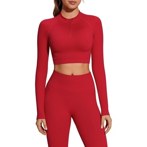 image:imageSUUKSESS Women 2 Piece Workout Sets HalfZip Athletic Top Seamless Leggings  Athletic Long Sleeve Crop TopHidden Scrunch Hip Lifting LeggingsYoga Gym Matching SetsSoft Stretch fabricRed