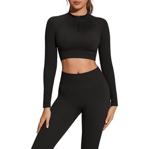image:imageSUUKSESS Women 2 Piece Workout Sets HalfZip Athletic Top Seamless Leggings  Athletic Long Sleeve Crop TopHidden Scrunch Hip Lifting LeggingsYoga Gym Matching SetsSoft Stretch fabricBlack