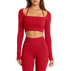 image:imageSUUKSESS Women 2 Piece Workout Sets Square Neck Crop Top Seamless Leggings  Long Sleeve Athletic TopHidden Scrunch Hip Lifting LeggingsYoga Pilates Matching SetsSoft Stretch fabricRed