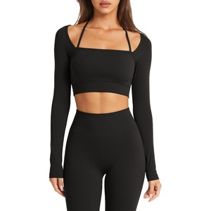 image:imageSUUKSESS Women 2 Piece Workout Sets Square Neck Crop Top Seamless Leggings  Long Sleeve Athletic TopHidden Scrunch Hip Lifting LeggingsYoga Pilates Matching SetsSoft Stretch fabricBlack