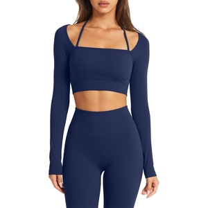 image:imageSUUKSESS Women 2 Piece Workout Sets Square Neck Crop Top Seamless Leggings  Long Sleeve Athletic TopHidden Scrunch Hip Lifting LeggingsYoga Pilates Matching SetsSoft Stretch fabricNavy Blue