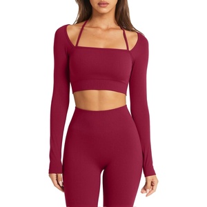 image:imageSUUKSESS Women 2 Piece Workout Sets Square Neck Crop Top Seamless Leggings  Long Sleeve Athletic TopHidden Scrunch Hip Lifting LeggingsYoga Pilates Matching SetsSoft Stretch fabricWine Red