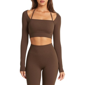 image:imageSUUKSESS Women 2 Piece Workout Sets Square Neck Crop Top Seamless Leggings  Long Sleeve Athletic TopHidden Scrunch Hip Lifting LeggingsYoga Pilates Matching SetsSoft Stretch fabricDark Brown