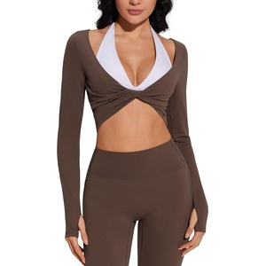 image:imageSUUKSESS Women 2 Piece Workout Sets for Pilates Long Sleeve Top LeggingsBrown