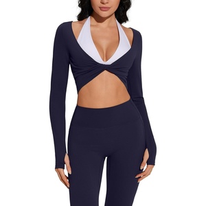 image:imageSUUKSESS Women 2 Piece Workout Sets for Pilates Long Sleeve Top LeggingsNavy