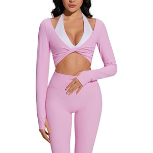 image:imageSUUKSESS Women 2 Piece Workout Sets for Pilates Long Sleeve Top LeggingsPink