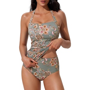 image:imageSUUKSESS Women Halter Tankini Swimsuits Tummy Control Two Piece Bathing SuitGreen Floral