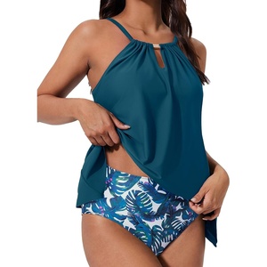 image:imageSUUKSESS Women Ruffle High Neck Tankini Swimsuit Tummy Control Bathing SuitBlue Floral