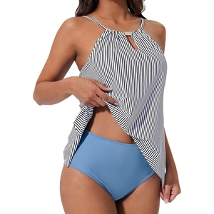 image:imageSUUKSESS Women Ruffle High Neck Tankini Swimsuit Tummy Control Bathing SuitBlue Striped