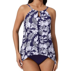 image:imageSUUKSESS Women Ruffle High Neck Tankini Swimsuit Tummy Control Bathing SuitNavy Blue Floral