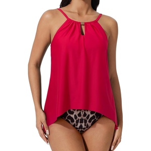 image:imageSUUKSESS Women Ruffle High Neck Tankini Swimsuit Tummy Control Bathing SuitRed Leopard