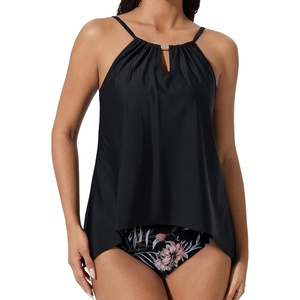 image:imageSUUKSESS Women Ruffle High Neck Tankini Swimsuit Tummy Control Bathing SuitRetro Floral Black