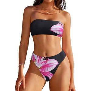 image:imageSUUKSESS Women Sexy High Waisted Bikini Set Cheeky 2 Piece Bandeau Bathing Suit205 Black Pink Floral