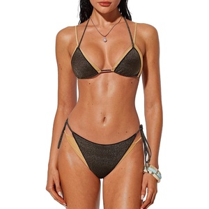 image:imageSUUKSESS Women Sexy Triangle Bikini Set Halter String Two Piece Swimsuit225 Black Gold Glitter