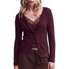 image:imageSUUKSESS Women Cashmere Lace Button Down Sweater Knit Long Sleeve TopsWine