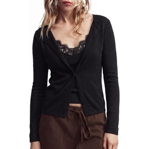 image:imageSUUKSESS Women Cashmere Lace Button Down Sweater Knit Long Sleeve TopsBlack