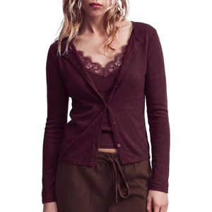 image:imageSUUKSESS Women Cashmere Lace Button Down Sweater Knit Long Sleeve TopsWine