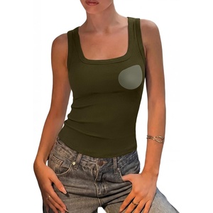image:imageSUUKSESS Womens Padded Cotton Ribbed Tank Tops Square Neck Basic Tops  Basic Bulit in Bras Tank Tops Going Out Tank Slim Fit Sleeveless Racerback Soft BreathableArmy Green