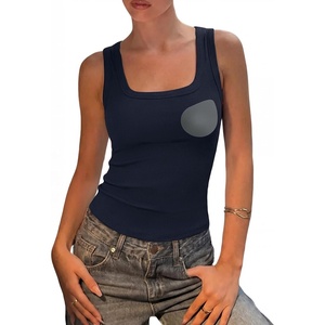 image:imageSUUKSESS Womens Padded Cotton Ribbed Tank Tops Square Neck Basic Tops  Basic Bulit in Bras Tank Tops Going Out Tank Slim Fit Sleeveless Racerback Soft BreathableNavy Blue