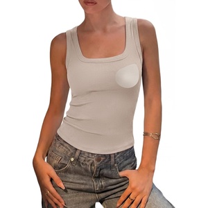 image:imageSUUKSESS Womens Padded Cotton Ribbed Tank Tops Square Neck Basic Tops  Basic Bulit in Bras Tank Tops Going Out Tank Slim Fit Sleeveless Racerback Soft BreathableKhaki